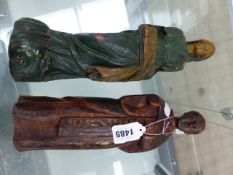 A CARVED WOOD POLYCHROME MADONNA. H.30cms TOGETHER WITH A SAINTLY MONK. 27.5cms.