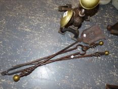 A SET OF 19th.C.IRON AND BRASS MOUNTED FIRE IMPLEMENTS AND A SIMILAR PAIR OF FIRE DOGS. (5)