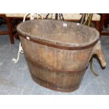 AN ANTIQUE CONTINENTAL OVAL IRON BOUND TWIN HANDLED GRAPE HOD / WOOD BIN. W.80 x H.51cms.