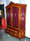 A DUTCH STYLE MARQUETRY WALNUT DISPLAY CABINET, THE DOORS EACH GLAZED WITH SIX PANELS OVER TWO