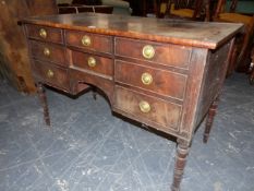 AN EARLY 19th.C. MAHOGANY WRITING OR DRESSING TABLE WITH CROSS BANDED TOP OVER SIX DRAWERS AND