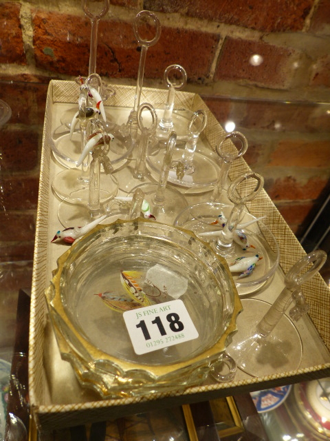 FOUR CLEAR GLASS ASHTRAYS ENAMELLED WITH NAMED FISHING FLIES. Dia.9.5cms TOGETHER WITH GLASS BIRDS