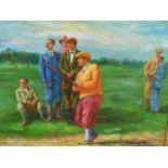 A DECORATIVE OIL PAINTING OF A GOLFING SCENE, SIGNED INDISTINCTLY, OIL ON CANVAS. 77 x 102cms.