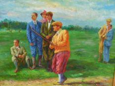 A DECORATIVE OIL PAINTING OF A GOLFING SCENE, SIGNED INDISTINCTLY, OIL ON CANVAS. 77 x 102cms.