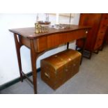 A MID CENTURY TEAK WRITING TABLE WITH A SINGLE FRIEZE DRAWER TOGETHER WITH A TEAK STOOL. TABLE,