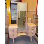 A MID CENTURY ARTS AND CRAFTS STYLE LIMED OAK DRESSING TABLE WITH FULL HEIGHT MIRROR. 107 x 42 x H.