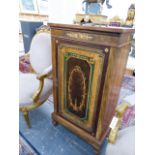 A LATE 19th.C.MARQUETRY SIDE CABINET, THE RECTANGULAR WALNUT TOP ENCLOSED BY YEW WOOD EDGING
