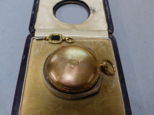 A 19th.C.18ct. GOLD OPEN FACE WATCH WITH BLOODSTONE MOUNTED KEY IN A LEATHER EASEL BACKED TRAVEL - Image 7 of 12