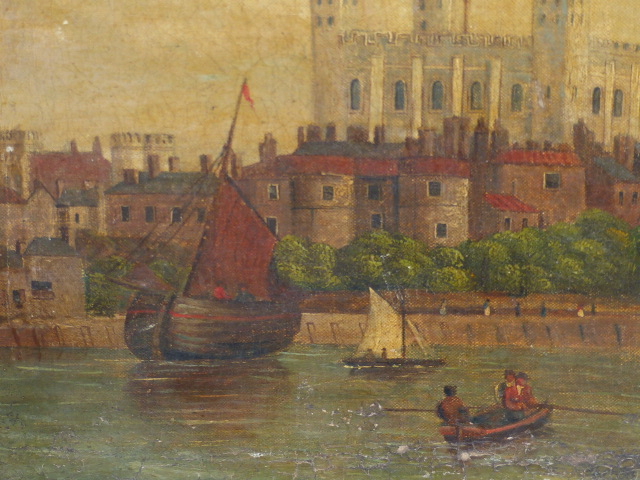 19th.C.ENGLISH NAIVE SCHOOL. THE TOWER OF LONDON, OIL ON CANVAS. 31 x 40.5cms. - Image 4 of 9