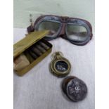 PRINCESS MARY GIFT TIN, TRENCH LIGHTER, MARCHING COMPASS, RAF GOGGLES AND AN ADOLF HITLER SNUFF