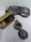 PRINCESS MARY GIFT TIN, TRENCH LIGHTER, MARCHING COMPASS, RAF GOGGLES AND AN ADOLF HITLER SNUFF