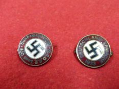 TWO THIRD REICH NSDAP ENAMEL PARTY BADGES - TWO DIFFERENT EXAMPLES. (2)