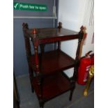 A VICTORIAN MAHOGANY THREE TIER ETAGERE. 45.5 x 40.5 x H.100.5cms.