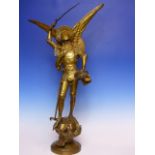 AFTER EUGENE FREMIET. AN ANTIQUE BRONZE FIGURE OF ST.MICHAEL, THE WINGED PATRON SAINT OF NORMANDY