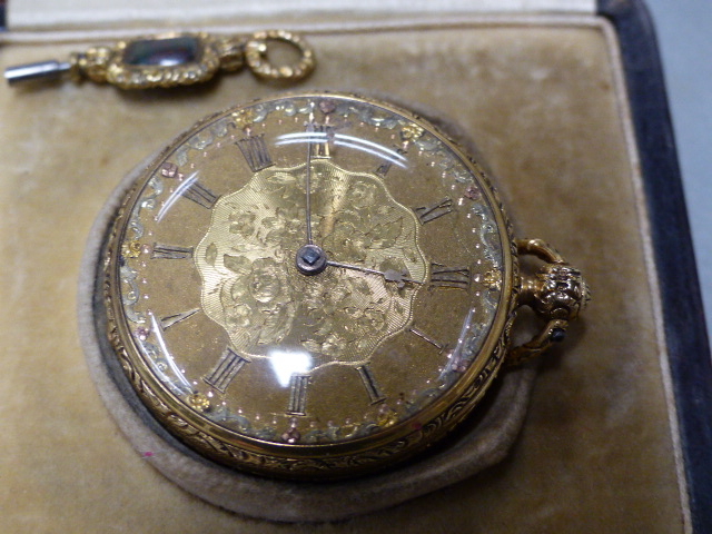 A 19th.C.18ct. GOLD OPEN FACE WATCH WITH BLOODSTONE MOUNTED KEY IN A LEATHER EASEL BACKED TRAVEL - Image 4 of 12