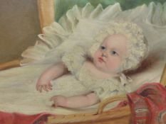 MID 19th.C.ENGLISH SCHOOL. A PORTRAIT OF A YOUNG CHILD IN A WICKER CRADLE, REPUTEDLY FROM AN