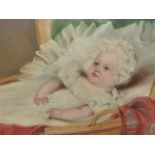 MID 19th.C.ENGLISH SCHOOL. A PORTRAIT OF A YOUNG CHILD IN A WICKER CRADLE, REPUTEDLY FROM AN