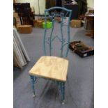 A SET OF FOUR CHINOISERIE DESIGN BLUE PAINTED PATIO CHAIRS CAST WITH GEOMETRIC BAMBOO BACKS AND