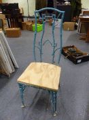 A SET OF FOUR CHINOISERIE DESIGN BLUE PAINTED PATIO CHAIRS CAST WITH GEOMETRIC BAMBOO BACKS AND