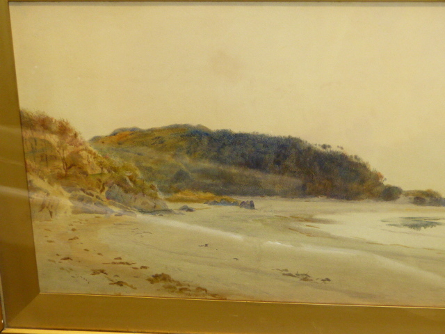 HAMPSON JONES. (1846-1916) SUNLIGHT BY THE SEA, SIGNED WATERCOLOUR. 36 x 71cms. - Image 3 of 10