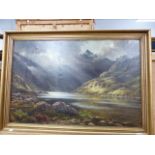 19th.C.ENGLISH SCHOOL. A HIGHLAND LOCH, SIGNED INDISTINCTLY, OIL ON CANVAS. 62 x 92cms.