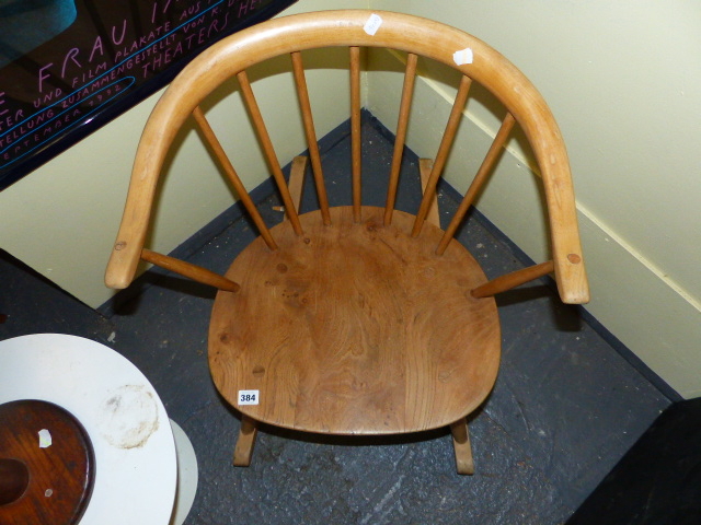 AN ERCOL PALE ELM COTTAGE SMALL ROCKING CHAIR WITH BS1960 STAMP. - Image 2 of 4