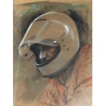 COLIN FROOMS. (1933-2017) ARR. STUDY OF HEAD FOR MOTORCYCLISTS,PASTEL, FRAMED AND GLAZED. 39 x