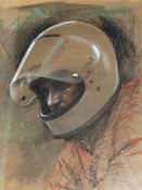 COLIN FROOMS. (1933-2017) ARR. STUDY OF HEAD FOR MOTORCYCLISTS,PASTEL, FRAMED AND GLAZED. 39 x