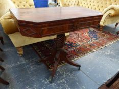 A GEO.III.MAHOGANY TEA TABLE WITH RECTANGULAR CANTED CORNER SWIVEL OPENING TOP, THE SPIRAL TURNED