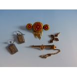 A VICTORIAN ETRUSCAN REVIVAL GOLD AND CORAL TASSEL BROOCH TOGETHER WITH A PAIR OF VICTORIAN SILVER