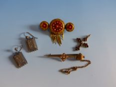 A VICTORIAN ETRUSCAN REVIVAL GOLD AND CORAL TASSEL BROOCH TOGETHER WITH A PAIR OF VICTORIAN SILVER