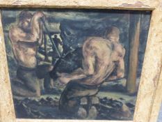 GEORGE BISSILL (1896-1973) ARR. MINERS, SIGNED OIL ON CANVAS. 38 x 42cms. GALLERY AND
