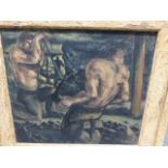 GEORGE BISSILL (1896-1973) ARR. MINERS, SIGNED OIL ON CANVAS. 38 x 42cms. GALLERY AND