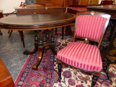 A SET OF FOUR YEW WOOD BANDED EBONISED CHAIRS, ROSETTE CENTRED TOP RAILS ABOVE UPHOLSTERED BACK