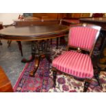 A SET OF FOUR YEW WOOD BANDED EBONISED CHAIRS, ROSETTE CENTRED TOP RAILS ABOVE UPHOLSTERED BACK