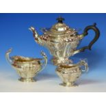A BATCHELOR'S SILVER THREE PIECE TEASET BY B B, B'HAM 1900 AND 1901, THE FLUTED BODIES WORKED WITH