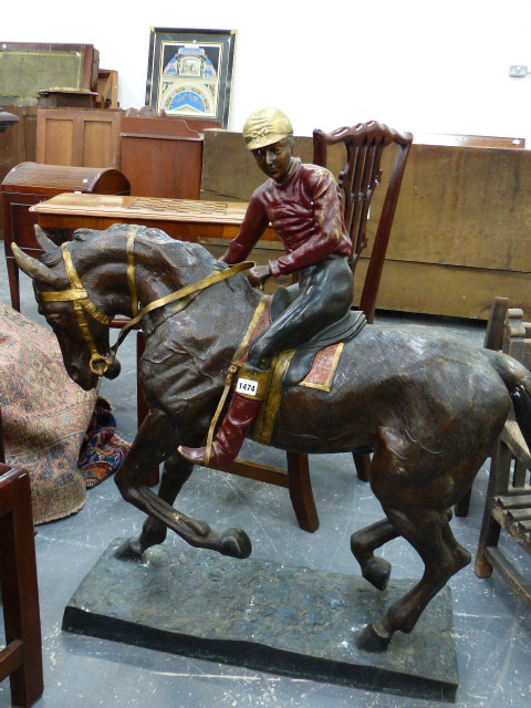 A LARGE BRONZE FIGURE OF A HORSE AND JOCKEY AFTER THE 19th.C.ORIGINAL. H.100cms.