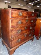 A GEORGIAN MAHOGANY CHEST OF TWO SHORT AND THREE GRADUATED LONG DRAWERS ON BRACKET FEET.