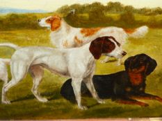 ENGLISH NAIVE SCHOOL. FOUR DOGS IN A MEADOW, OIL ON BOARD. 16.5 x 21.5cms.