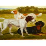ENGLISH NAIVE SCHOOL. FOUR DOGS IN A MEADOW, OIL ON BOARD. 16.5 x 21.5cms.