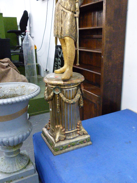 A PAIR OF GILT AND SILVERED BRONZE FIGURES OF FRENCH KNIGHTS STANDING ON SWAGGED COLUMNS - Image 6 of 12