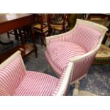 A PAIR OF FRENCH DIRECTOIRE STYLE TUB FORM ARMCHAIRS WITH FEATHER FILLED LOOSE CUSHIONS.