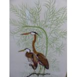 CONTEMPORARY ORIENTAL SCHOOL. A DECORATIVE PICTURE OF STORKS ON SILK. 103 x 64cms.