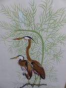 CONTEMPORARY ORIENTAL SCHOOL. A DECORATIVE PICTURE OF STORKS ON SILK. 103 x 64cms.