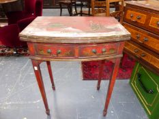AN EDWARDIAN RED LACQUERED CHINOISERIE BOW FRONT WRITING TABLE, THE SWIVEL TOP OPENING ABOVE TWO