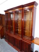 A BRIGHT'S OF NETTLEBED MAHOGANY BREAKFRONT BOOKCASE, SATIN WOOD BANDING OVER FOUR GLAZED DOORS,