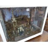 AN ANTIQUE WEDDING DIORAMA IN GLAZED WHITE PAINTED WOOD CASE, THE HAPPY COUPLE LINING UP FOR THE