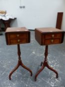 A PAIR OF REGENCY STYLE MAHOGANY DROP FLAP WINE TABLES, EACH WITH TWO DRAWERS ABOVE A BALUSTER