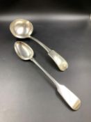 A GEORGIAN SILVER HALLMARKED LADLE DATED 1812, DUBLIN, FOR RICHARD WHITFORD, AND AN ADDITIONAL