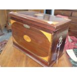 AN EDWARDIAN MAHOGANY STATIONERY CABINET AND WRITING SLOPE, THE TOP AND FRONT SATINWOOD INLAID